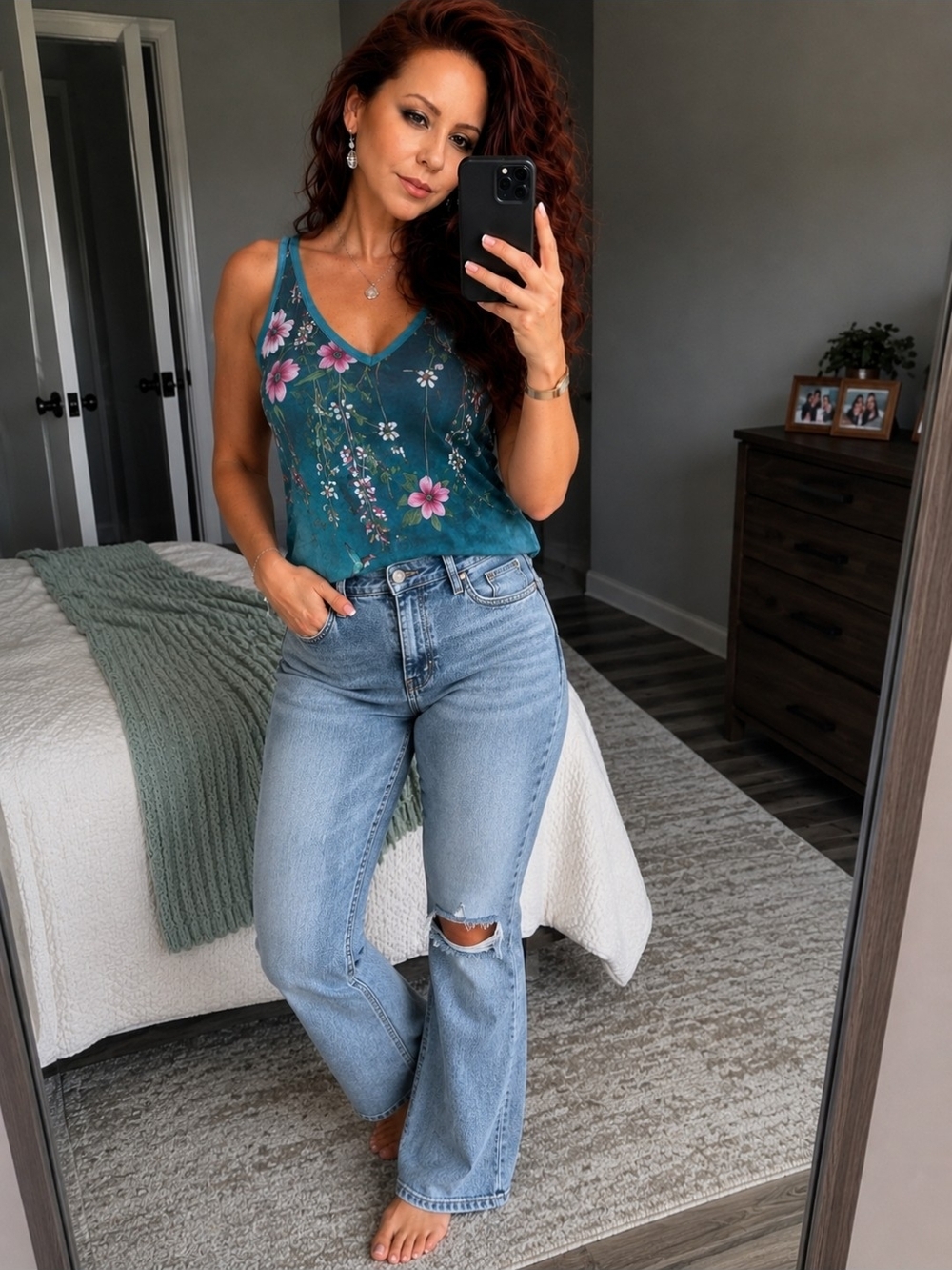 Teal Floral V-Neck Tank Top